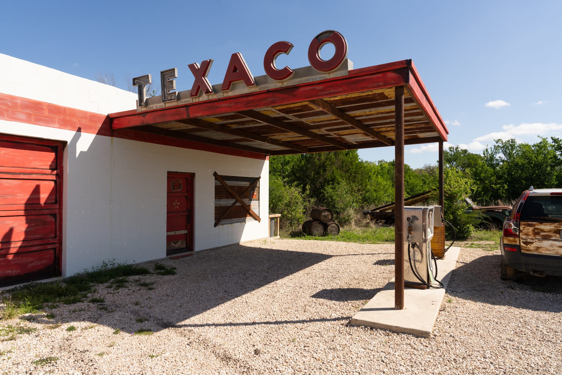 The restored filling station on the Texas property
